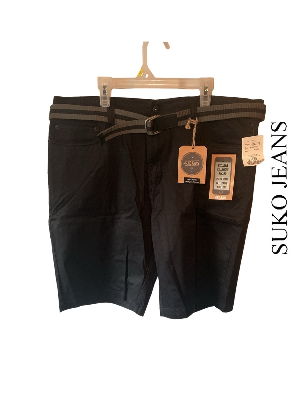 Suko Men's Black Stretch Jean Shorts with Striped Belt